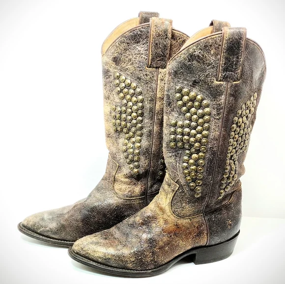 Frye Billy Hammered Cowboy Boot l Vintage Distressed Studded Boots l Size 7 B l - Picture 2 of 10